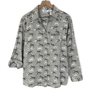 VTG Pearl Snap Western Shirt Women's M Gray Cotton Horse Studs Cowgirl Roll Tab‎